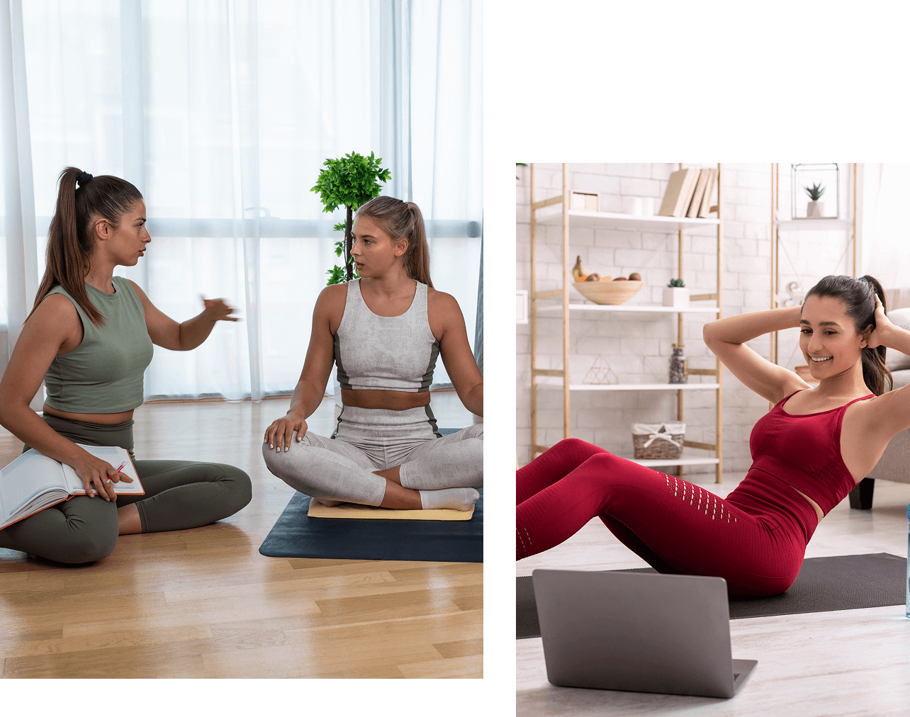 Two women in sportswear sit cross-legged and discuss personalized fitness coaching on yoga mats, while another woman in red workout clothes exercises with a laptop.
